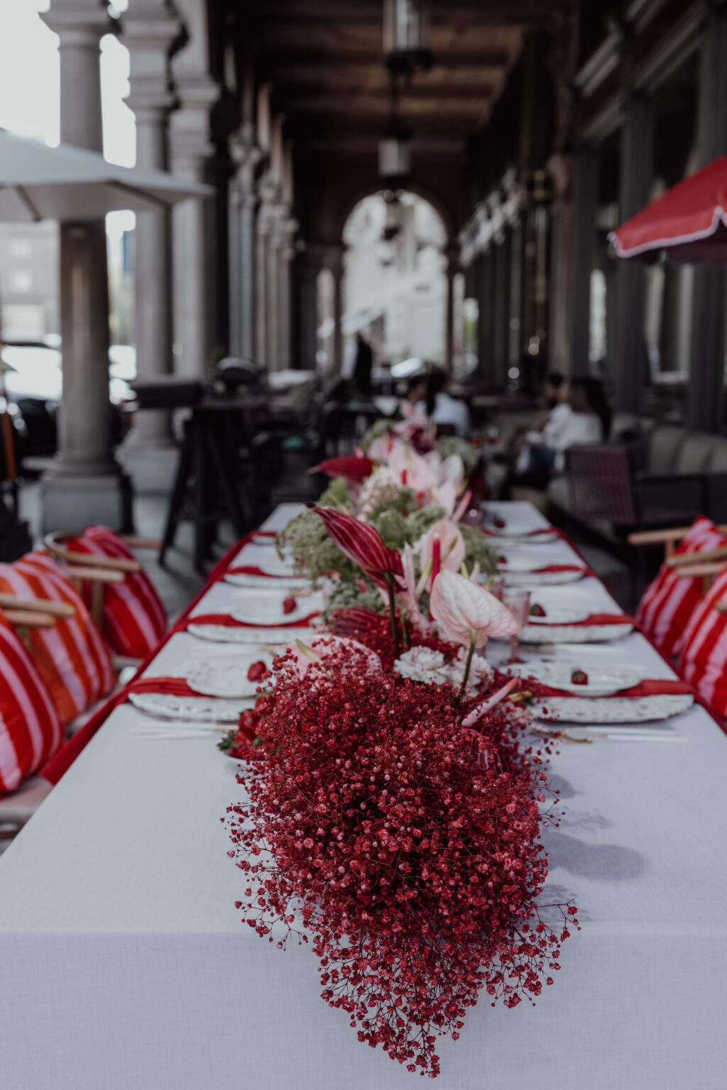 Ein langer Tisch im Freien mit weißem Tuch, roten Blumen und gestreiften Kissen, gedeckt für eine Zusammenkunft - die perfekte Inspiration für die Hochzeitsplanung oder jeden Wedding Planner in der Schweiz.