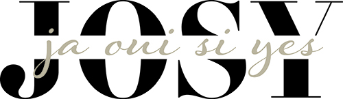 Das Wort JOSY mit dem Schriftzug ja oui si yes quer über die Buchstaben geschrieben.