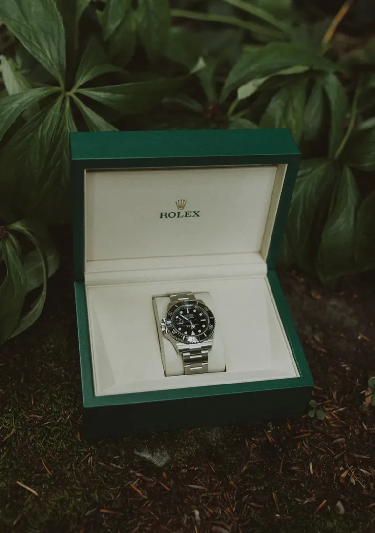 Eine silberne Rolex-Uhr in einer grün-cremefarbenen Schachtel, die im Freien zwischen grünen Blättern und Erde liegt. Von Ruette-Gut am Bielersee.