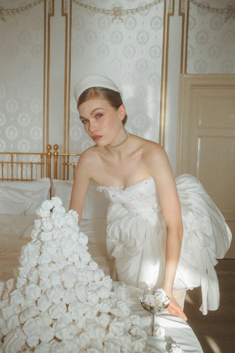 Ein Hochzeitsplaner für Hochzeiten im Ausland in der Schweiz beugt sich über einen Stapel weißer Baiserkekse.