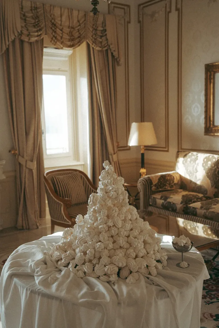 Ein kegelförmiger Baiserturm auf einem Tisch, gestaltet für einen Luxus-Hochzeitsplaner in der Schweiz.