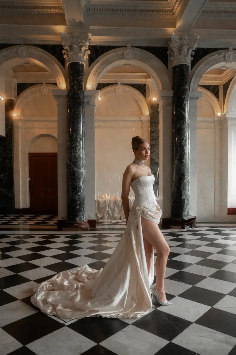 Eine Person in einem trägerlosen weißen Brautkleid mit hohem Schlitz steht in einem luxuriösen Hochzeitssaal.