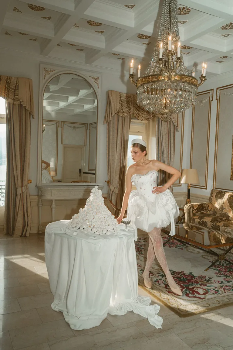 Eine Frau in einem weißen Kleid steht vor einer stufenförmig angeordneten Ausstellung weißer Rosen für einen Luxus-Hochzeitsplaner, Luxury Wedding Planner, Zurich, The WES, Switzerland, Schweiz, Lara Flueckiger, Grand Hotel National, Luzern