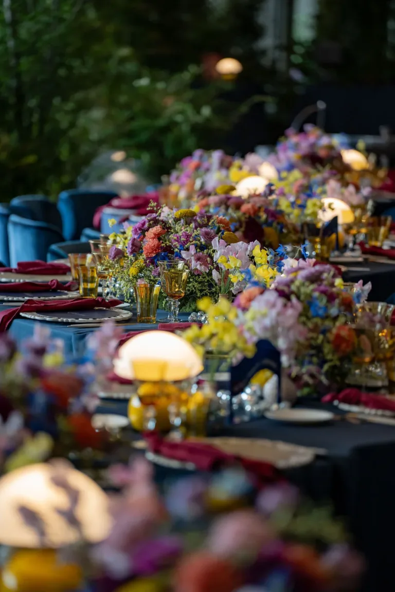 Elegantes Tischarrangement mit farbenfrohen Blumen, ideal für Firmenveranstaltungen in der Schweiz und festliche Anlässe.